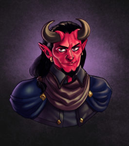 A smiling tiefling who has a passing resemblance to Asmodeus, what with the red skin, upwards curving horns from his forehead, pointed ears, and well trimmed, black goatee.