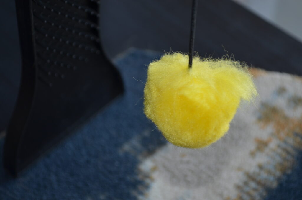 This yellow ball hanging from a scratching post was a perfect sphere when it was purchased. Now, a tuft of material sticks out at an odd angle like a trendy hairstyle. This is only the beginning of its fate.